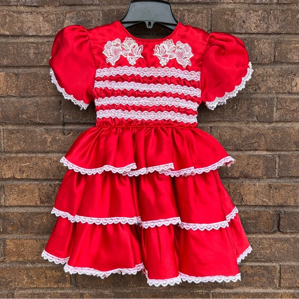 Vintage 80s/90s Red Ruffle White Lace Dress -Embroidered Roses Sz 5
